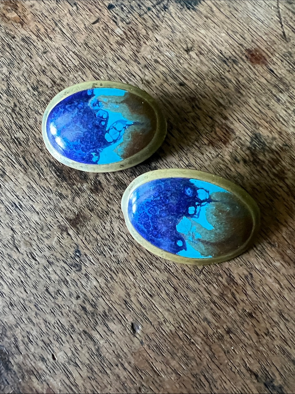 Brass and Blue Turquoise Oval Enamel Clip-On Earrings - Women Jewelry